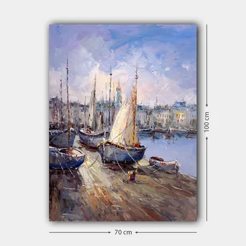 Canvastavla 70x100 cm - Segelbåtar i hamn under en klar himmel - Blå / Vit / Beige - Inredning - Tavlor & posters - Canvastavla