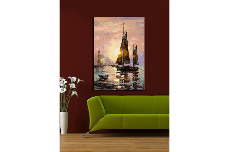 Canvastavla 70x100 cm - Segelbåtar i solnedgång vid havet - Mörkbrun / Guld / Ljusrosa - Inredning - Tavlor & posters - Canvastavla