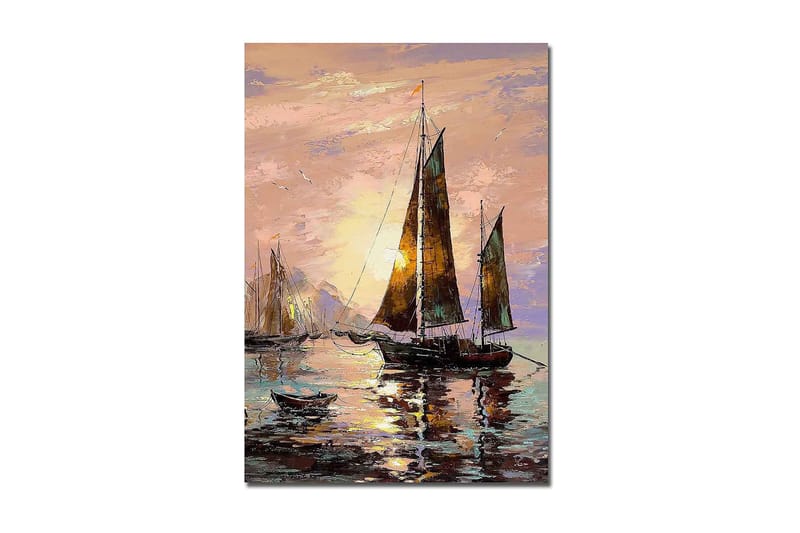 Canvastavla 70x100 cm - Segelbåtar i solnedgång vid havet, Mörkbrun / Guld / Ljusrosa