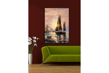 Canvastavla 70x100 cm - Segelbåtar i solnedgång vid havet - Mörkbrun / Guld / Ljusrosa - Inredning - Tavlor & posters - Canvastavla