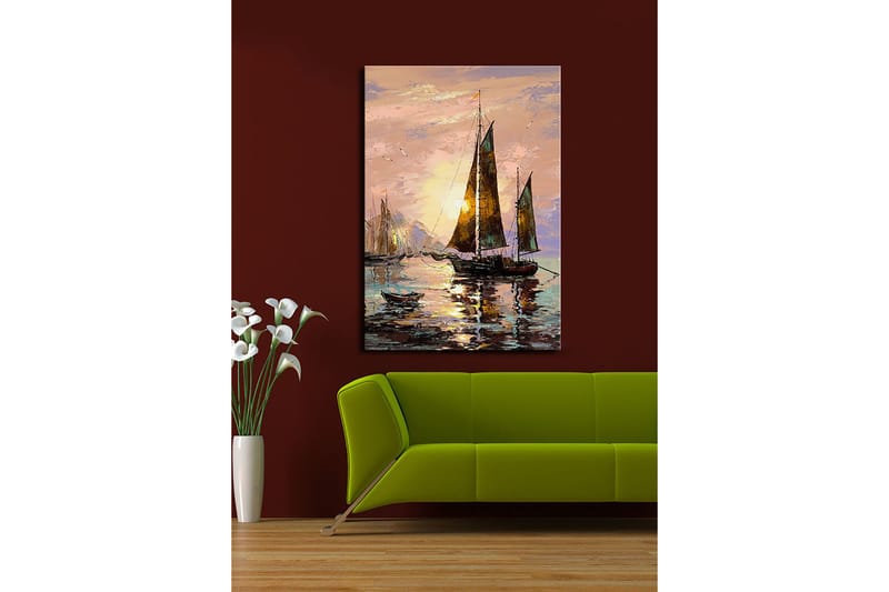 Canvastavla 70x100 cm - Segelbåtar i solnedgång vid havet - Mörkbrun / Guld / Ljusrosa - Inredning - Tavlor & posters - Canvastavla
