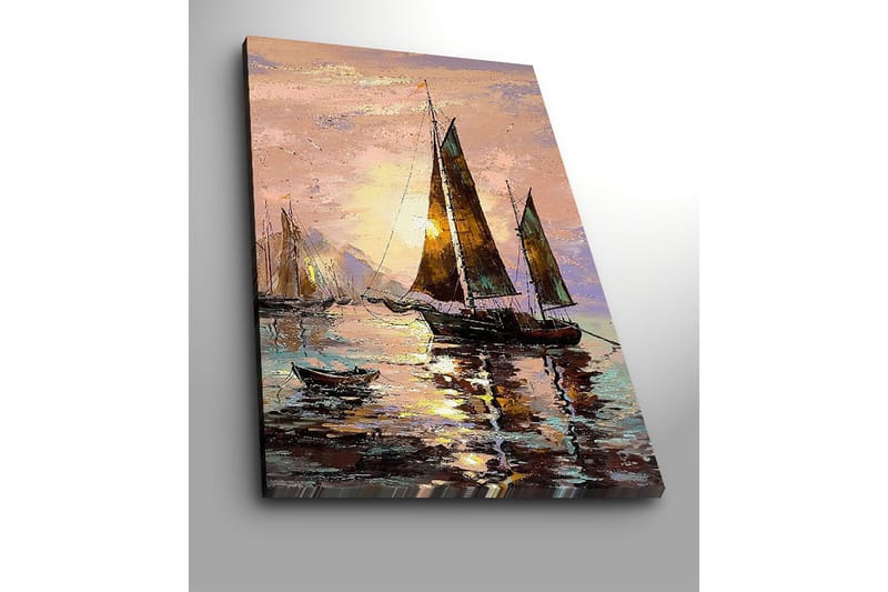 Canvastavla 70x100 cm - Segelbåtar i solnedgång vid havet - Mörkbrun / Guld / Ljusrosa - Inredning - Tavlor & posters - Canvastavla
