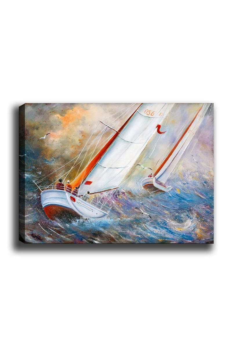 Canvastavla 70x100 cm - Segelbåtar som navigerar genom kraftiga vågor i en dramatisk havsmiljö, Vit / Orange / Blå
