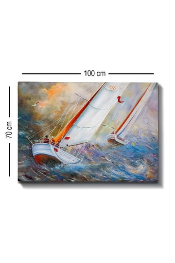 Canvastavla 70x100 cm - Segelbåtar som navigerar genom kraftiga vågor i en dramatisk havsmiljö - Vit / Orange / Blå - Inredning - Tavlor & posters - Canvastavla