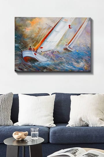 Canvastavla 70x100 cm - Segelbåtar som navigerar genom kraftiga vågor i en dramatisk havsmiljö - Vit / Orange / Blå - Inredning - Tavlor & posters - Canvastavla