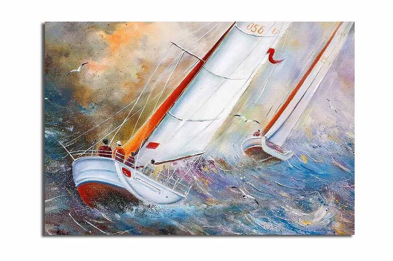 Canvastavla 70x100 cm - Segelbåtar som navigerar genom stormiga vatten, Blå / Vit / Orange