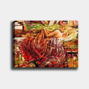 Canvastavla 70x100 cm - Sensuell kvinna som vilar i en draperad klänning av röd och orange färg - Röd / Orange / Gul - Inredning - Tavlor & posters - Canvastavla