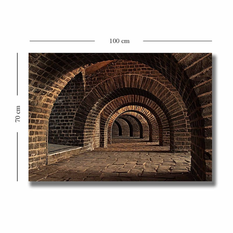 Canvastavla 70x100 cm - Serie av valv i en gammal stenstruktur som skapar en känsla av djup och perspektiv - Mörkbrun / Grå / Beige - Inredning - Tavlor & posters - Canvastavla