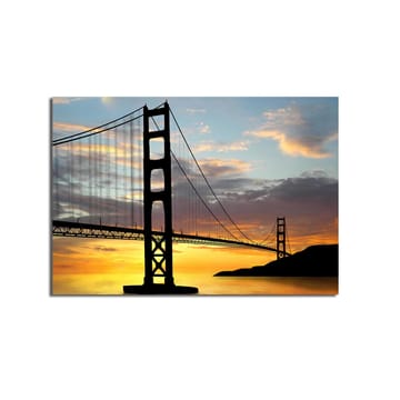 Canvastavla 70x100 cm - Silhuett av en bro mot en färgsprakande solnedgång - Orange / Svart / Blå - Inredning - Tavlor & posters - Canvastavla