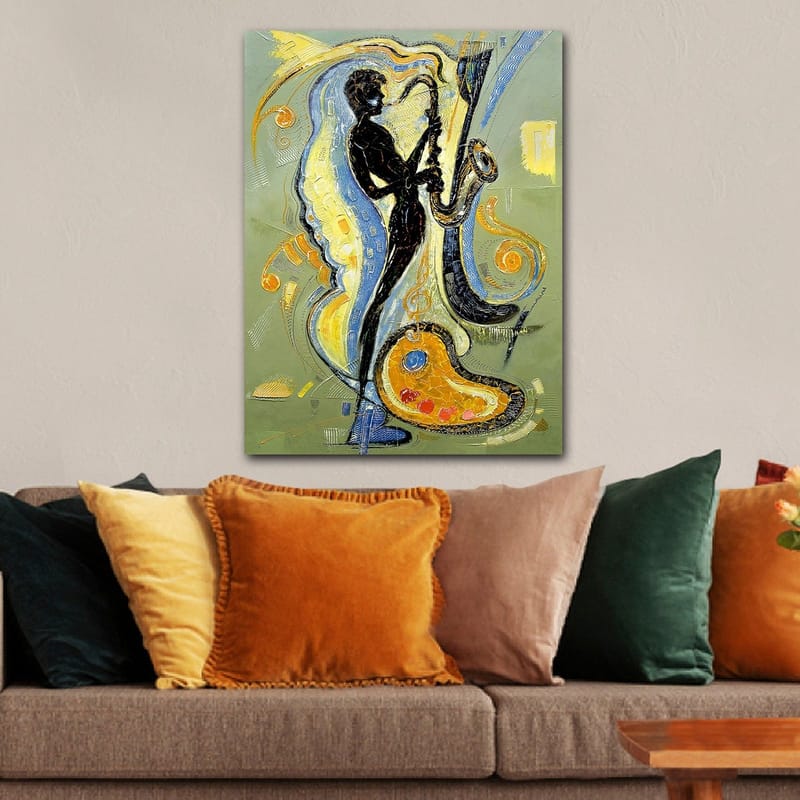 Canvastavla 70x100 cm - Silhuett av en saxofonist omgiven av musikaliska element och färgglada mönster - Svart / Guld / Blå - Inredning - Tavlor & posters - Canvastavla