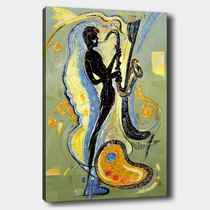 Canvastavla 70x100 cm - Silhuett av en saxofonist omgiven av musikaliska element och färgglada mönster, Svart / Guld / Blå