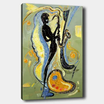 Canvastavla 70x100 cm - Silhuett av en saxofonist omgiven av musikaliska element och färgglada mönster - Svart / Guld / Blå - Inredning - Tavlor & posters - Canvastavla