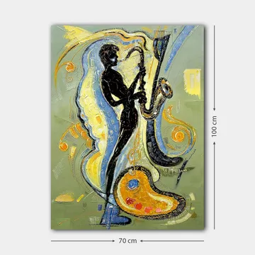 Canvastavla 70x100 cm - Silhuett av en saxofonist omgiven av musikaliska element och färgglada mönster - Svart / Guld / Blå - Inredning - Tavlor & posters - Canvastavla