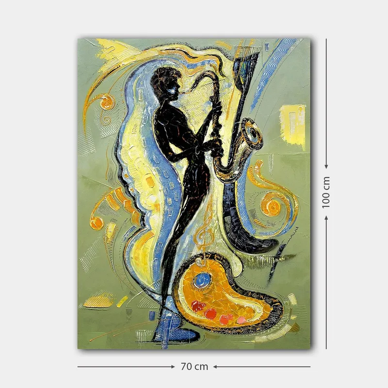 Canvastavla 70x100 cm - Silhuett av en saxofonist omgiven av musikaliska element och färgglada mönster - Svart / Guld / Blå - Inredning - Tavlor & posters - Canvastavla