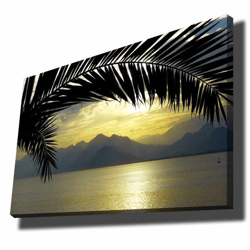 Canvastavla 70x100 cm - Silhuett av palmer mot en gyllene solnedgång över bergen och havet - Svart / Guld / Grå - Inredning - Tavlor & posters - Canvastavla