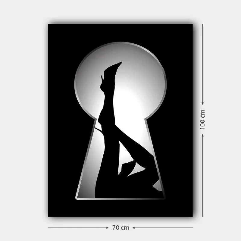 Canvastavla 70x100 cm - Silhuetten av en kvinna i högklackade skor genom ett nyckelhål - Svart / Vitt - Inredning - Tavlor & posters - Canvastavla