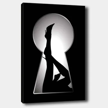 Canvastavla 70x100 cm - Silhuetten av en kvinna i högklackade skor genom ett nyckelhål - Svart / Vitt - Inredning - Tavlor & posters - Canvastavla
