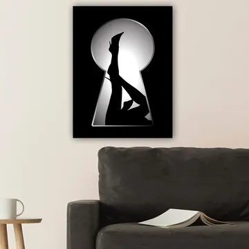 Canvastavla 70x100 cm - Silhuetten av en kvinna i högklackade skor genom ett nyckelhål - Svart / Vitt - Inredning - Tavlor & posters - Canvastavla