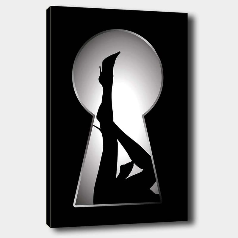 Canvastavla 70x100 cm - Silhuetten av en kvinna i högklackade skor genom ett nyckelhål, Svart / Vitt