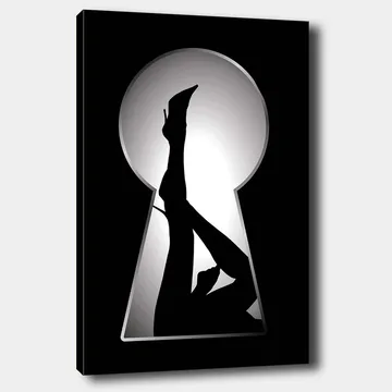 Canvastavla 70x100 cm - Silhuetten av en kvinna i högklackade skor genom ett nyckelhål - Svart / Vitt - Inredning - Tavlor & posters - Canvastavla