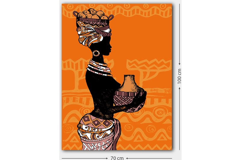 Canvastavla 70x100 cm - Silhuetten av en kvinna med en kruka och frukter på huvudet, omgiven av geometriska mönster - Svart / Orange / Beige - Inredning - Tavlor & posters - Canvastavla