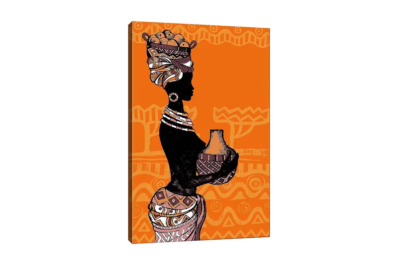 Canvastavla 70x100 cm - Silhuetten av en kvinna med en kruka och frukter på huvudet, omgiven av geometriska mönster, Svart / Orange / Beige