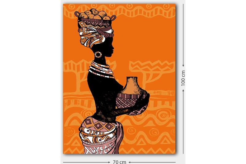 Canvastavla 70x100 cm - Silhuetten av en kvinna med en kruka och frukter på huvudet, omgiven av geometriska mönster - Svart / Orange / Beige - Inredning - Tavlor & posters - Canvastavla