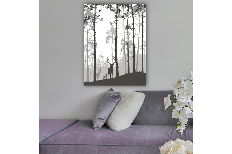 Canvastavla 70x100 cm - Silhuetter av hjortar i en skogsmiljö, Svart / Grå / Vit