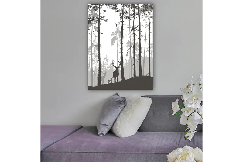 Canvastavla 70x100 cm - Silhuetter av hjortar i en skogsmiljö, Svart / Grå / Vit