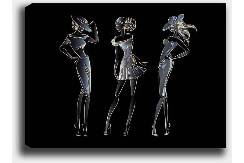 Canvastavla 70x100 cm - Silhuetter av tre eleganta kvinnor i modekläder - Svart / Guld / Vit - Inredning - Tavlor & posters - Canvastavla