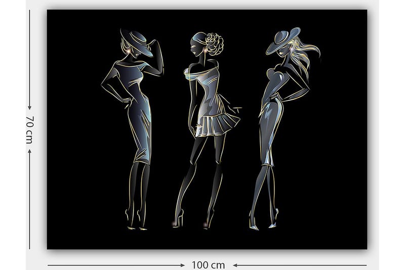 Canvastavla 70x100 cm - Silhuetter av tre eleganta kvinnor i modekläder - Svart / Guld / Vit - Inredning - Tavlor & posters - Canvastavla