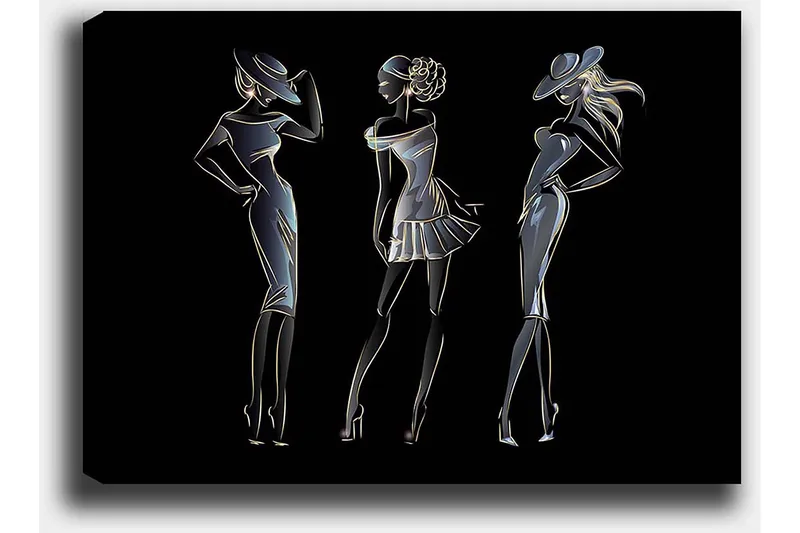 Canvastavla 70x100 cm - Silhuetter av tre eleganta kvinnor i modekläder - Svart / Guld / Vit - Inredning - Tavlor & posters - Canvastavla
