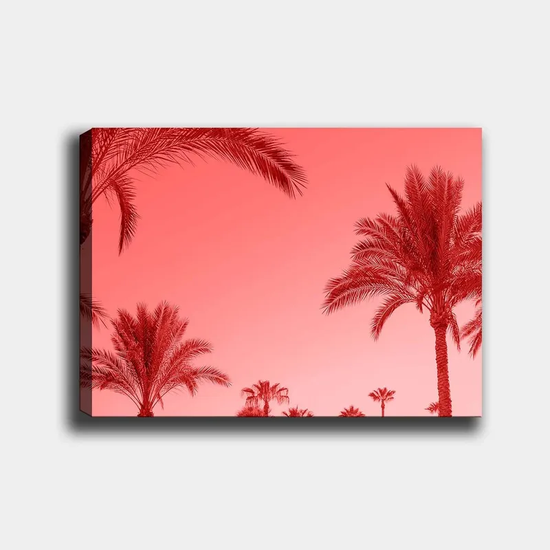 Canvastavla 70x100 cm - Silhuetter av palmer mot en rödaktig himmel, Röd / Rosa