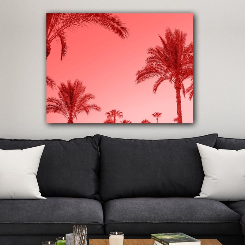 Canvastavla 70x100 cm - Silhuetter av palmer mot en rödaktig himmel - Röd / Rosa - Inredning - Tavlor & posters - Canvastavla