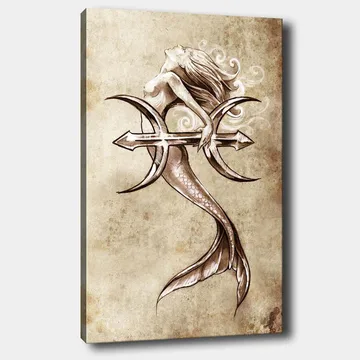 Canvastavla 70x100 cm - Siren som håller i en trident och sträcker sig ut mot himlen - Beige / Brun / Vit - Inredning - Tavlor & posters - Canvastavla