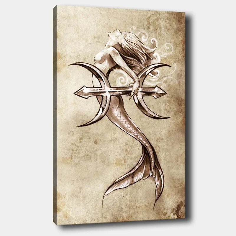 Canvastavla 70x100 cm - Siren som håller i en trident och sträcker sig ut mot himlen - Beige / Brun / Vit - Inredning - Tavlor & posters - Canvastavla
