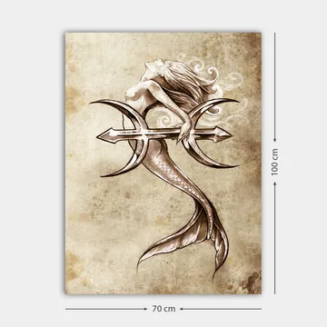 Canvastavla 70x100 cm - Siren som håller i en trident och sträcker sig ut mot himlen - Beige / Brun / Vit - Inredning - Tavlor & posters - Canvastavla