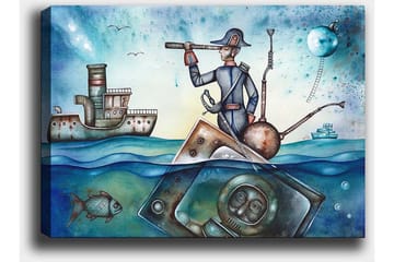 Canvastavla 70x100 cm - Sjöman som står på en båt och spanar med en kikare över havet, omgiven av olika maritima element - Blå / Grön / Brun - Inredning - Tavlor & posters - Canvastavla