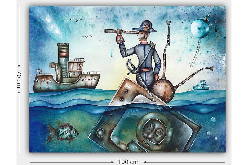 Canvastavla 70x100 cm - Sjöman som står på en båt och spanar med en kikare över havet, omgiven av olika maritima element - Blå / Grön / Brun - Inredning - Tavlor & posters - Canvastavla