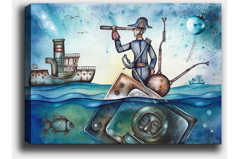 Canvastavla 70x100 cm - Sjöman som står på en båt och spanar med en kikare över havet, omgiven av olika maritima element - Blå / Grön / Brun - Inredning - Tavlor & posters - Canvastavla