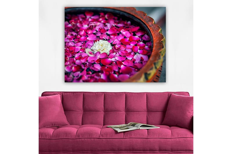 Canvastavla 70x100 cm - Skål med rosa rosblad och en vit blomma som flyter på ytan - Rosa / Vit - Inredning - Tavlor & posters - Canvastavla