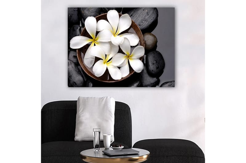 Canvastavla 70x100 cm - Skål med vita blommor och svarta stenar - Vit / Svart / Gul - Inredning - Tavlor & posters - Canvastavla