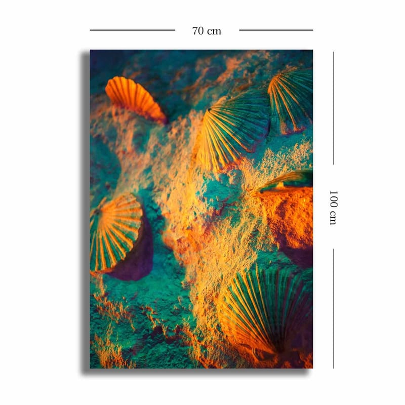 Canvastavla 70x100 cm - Skaldjursskal på sand med en färgglad och drömlik bakgrund - Turkos / Orange / Lila - Inredning - Tavlor & posters - Canvastavla
