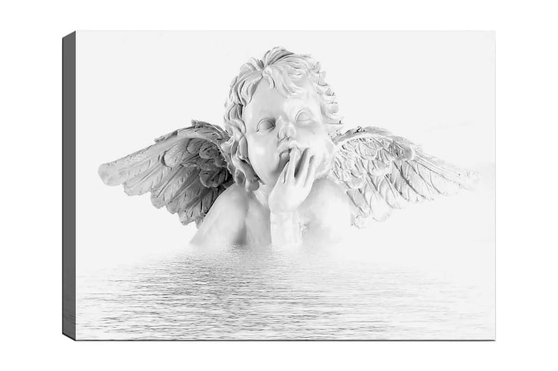 Canvastavla 70x100 cm - Skulptur av en ängel med vingar som sitter i en eftertänksam pose, Vit / Grå