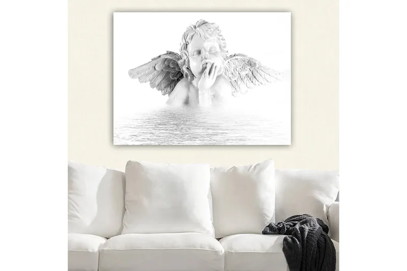 Canvastavla 70x100 cm - Skulptur av en ängel med vingar som sitter i en eftertänksam pose - Vit / Grå - Inredning - Tavlor & posters - Canvastavla