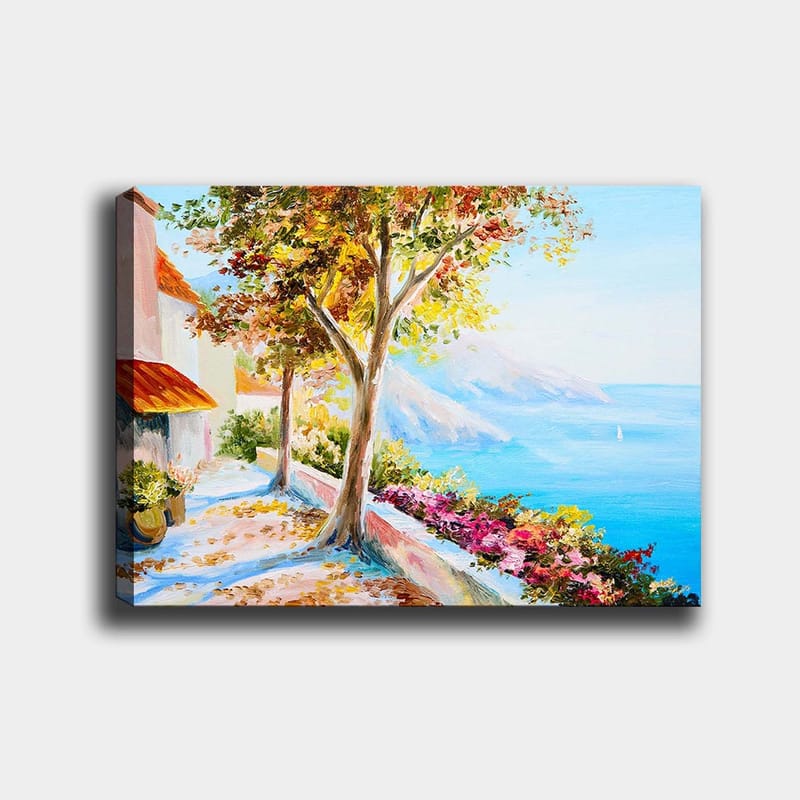 Canvastavla 70x100 cm - Solig kustpromenad med färgglada träd och blommor som leder ner mot havet, Blå / Grön / Orange