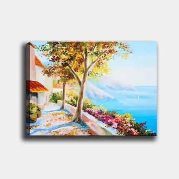 Canvastavla 70x100 cm - Solig kustpromenad med färgglada träd och blommor som leder ner mot havet - Blå / Grön / Orange - Inredning - Tavlor & posters - Canvastavla