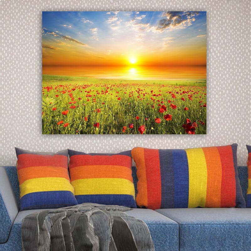 Canvastavla 70x100 cm - Solnedgång över en blomstrande vall av röda vallmo - Röd / Grön / Orange - Inredning - Tavlor & posters - Canvastavla