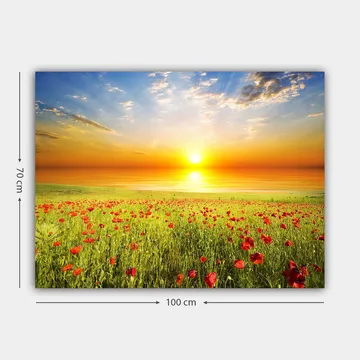 Canvastavla 70x100 cm - Solnedgång över en blomstrande vall av röda vallmo - Röd / Grön / Orange - Inredning - Tavlor & posters - Canvastavla
