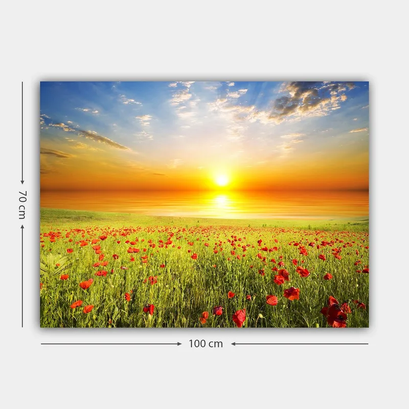 Canvastavla 70x100 cm - Solnedgång över en blomstrande vall av röda vallmo - Röd / Grön / Orange - Inredning - Tavlor & posters - Canvastavla